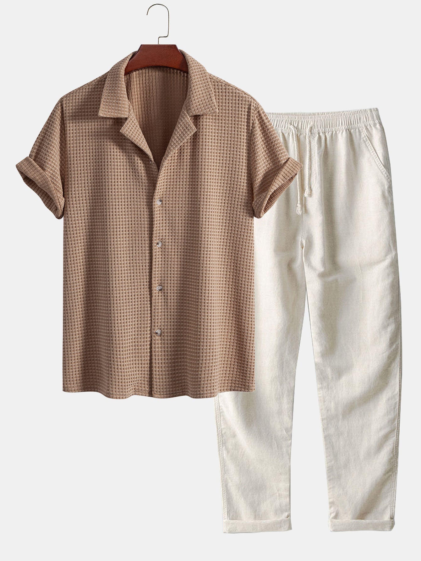 Short Sleeve Waffle Cuban Shirt & Straight Leg Linen Pants