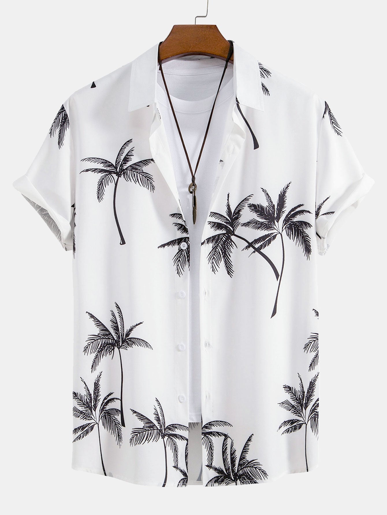 Palm Tree Print Button Up Shirt & Linen Cotton Blend Drawstring Shorts