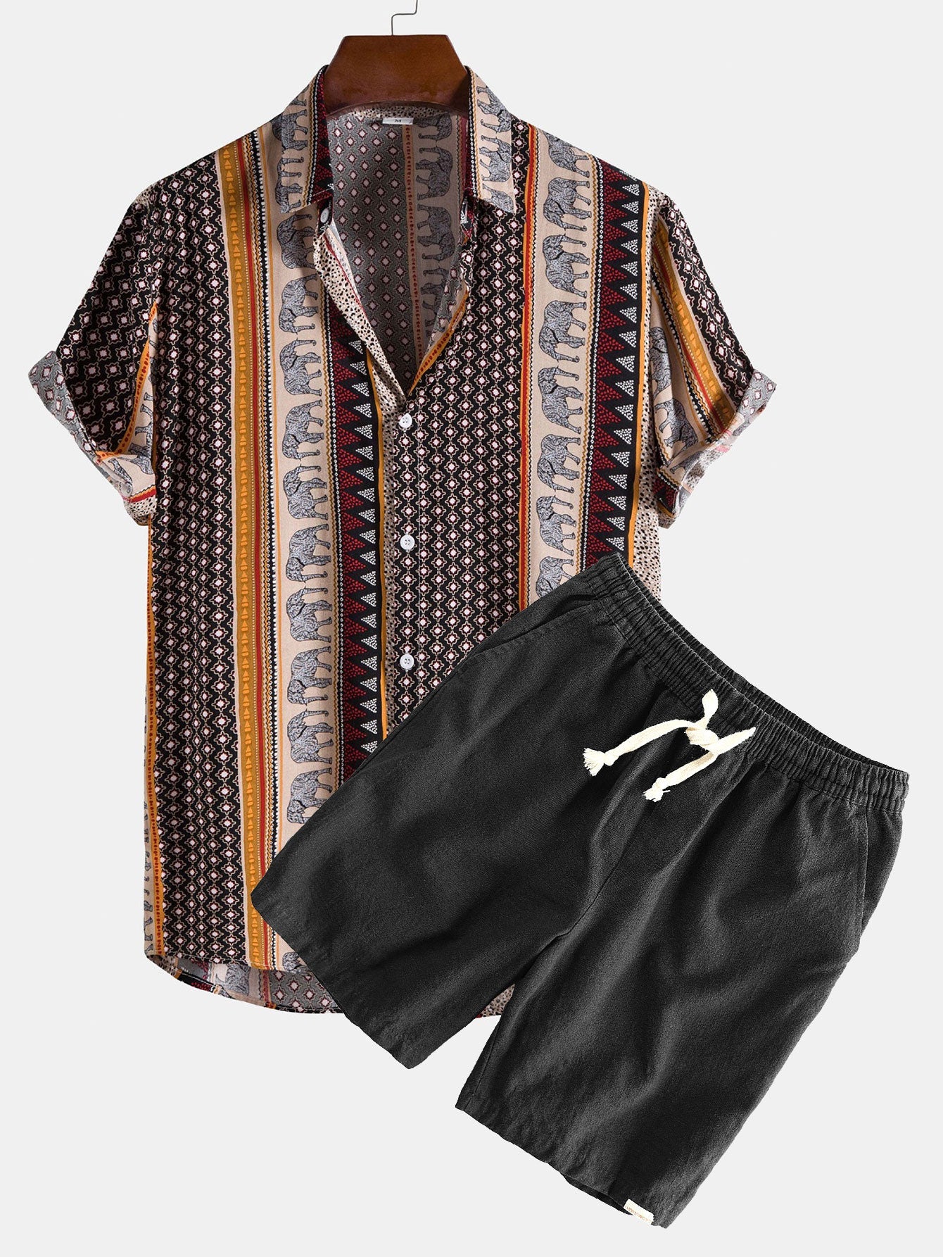 Elephant Geometric Print Shirt & Linen Cotton Blend Drawstring Shorts