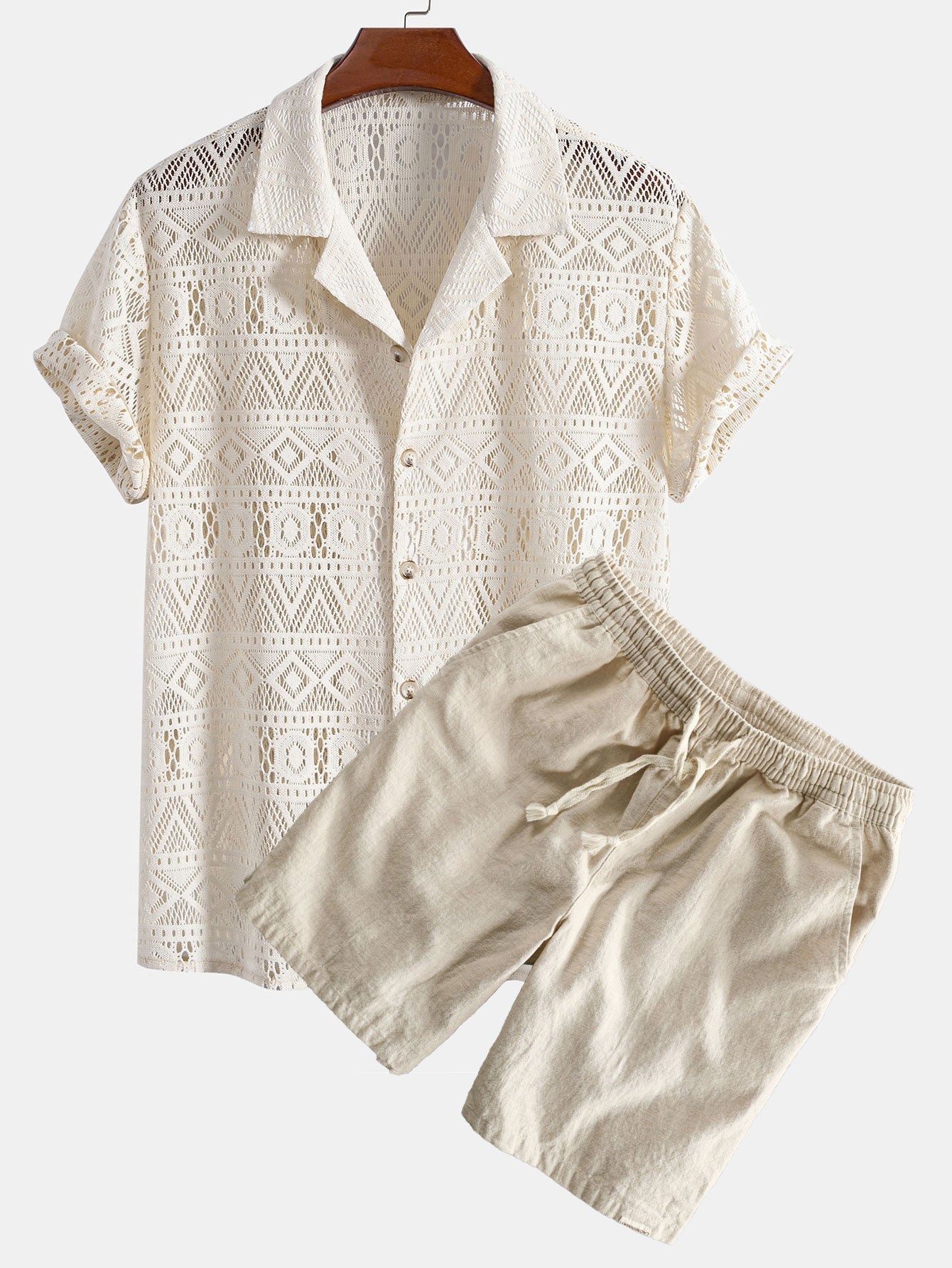 Short Sleeve Geometry Textured Cuban Shirt & Linen Cotton Blend Shorts