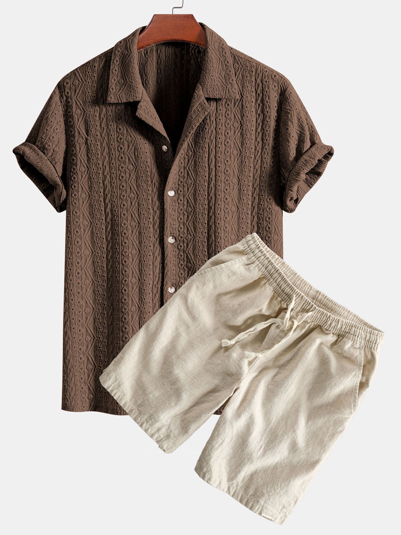 Geometric Jacquard Textured Cuban Shirt & Linen Cotton Blend Shorts