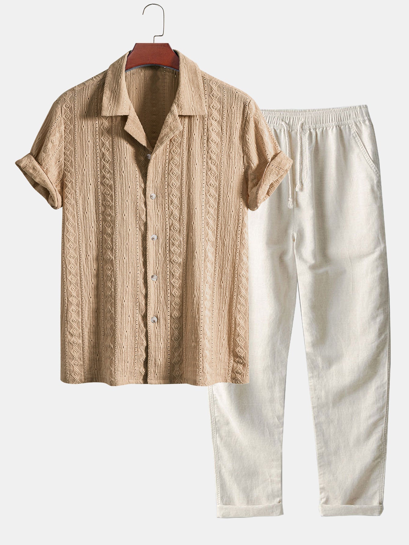 Geometric Jacquard Textured Cuban Shirt & Straight Leg Linen Pants