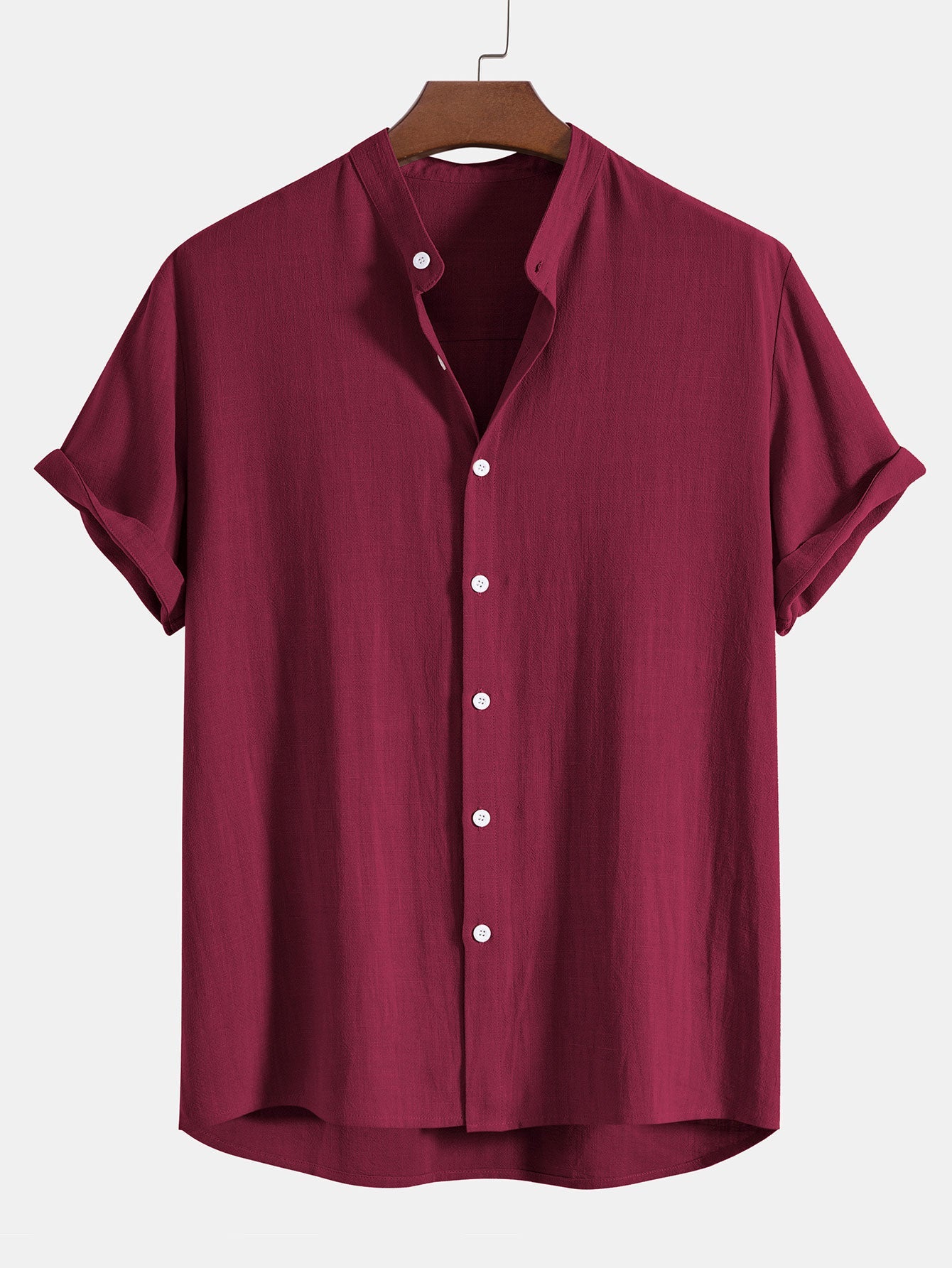 Linen And Rayon Blend Stand Collar Shirt