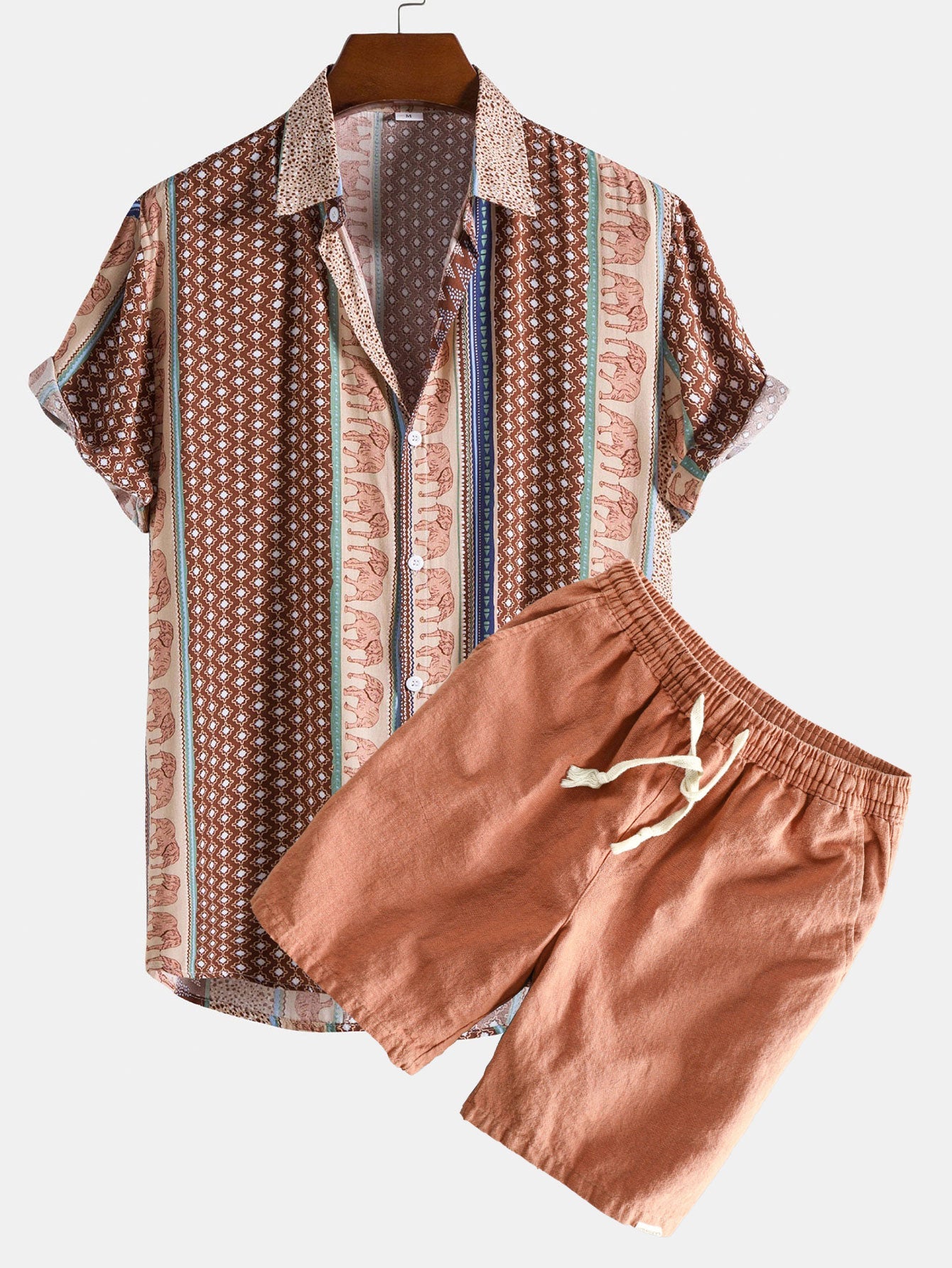 Elephant Geometric Print Shirt & Linen Cotton Blend Drawstring Shorts