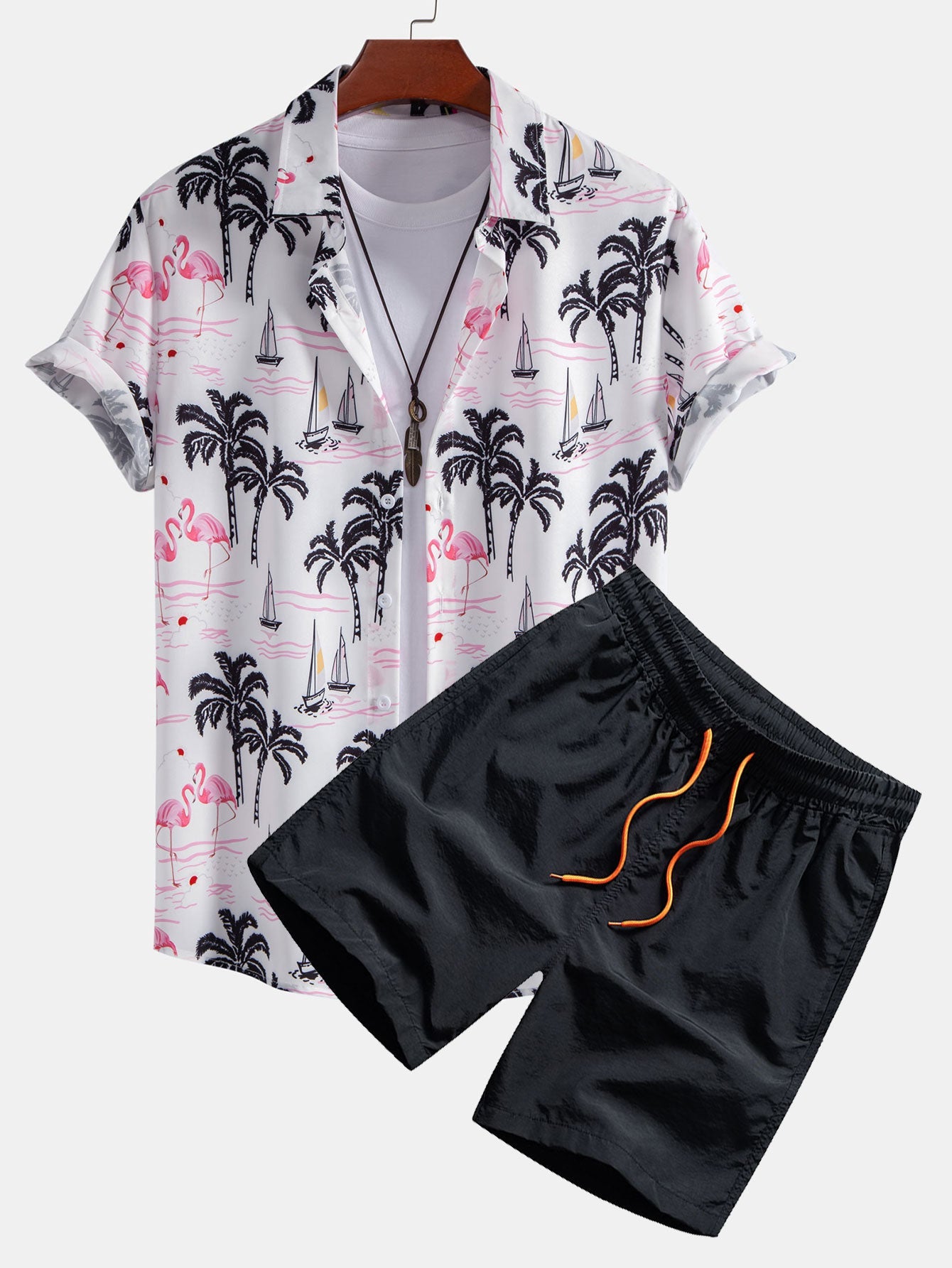 Palm Tree Flamingo Print Button Up Shirt & Swim Shorts