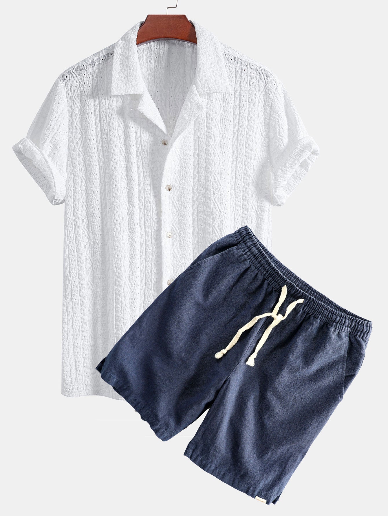 Geometric Jacquard Textured Cuban Shirt & Linen Cotton Blend Shorts