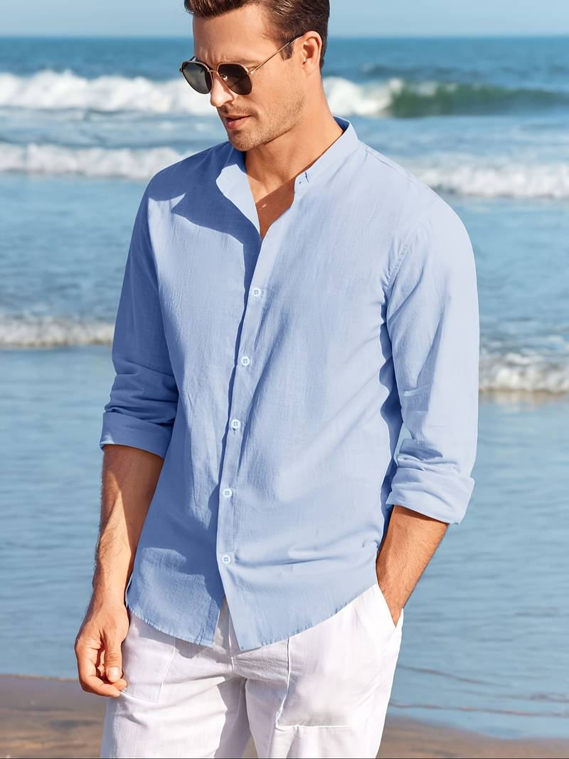 LINEN SHORT COLLAR SHIRT - BLEU