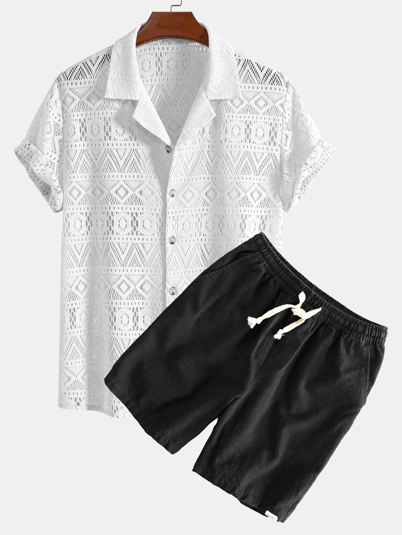 Short Sleeve Geometry Textured Cuban Shirt & Linen Cotton Blend Shorts