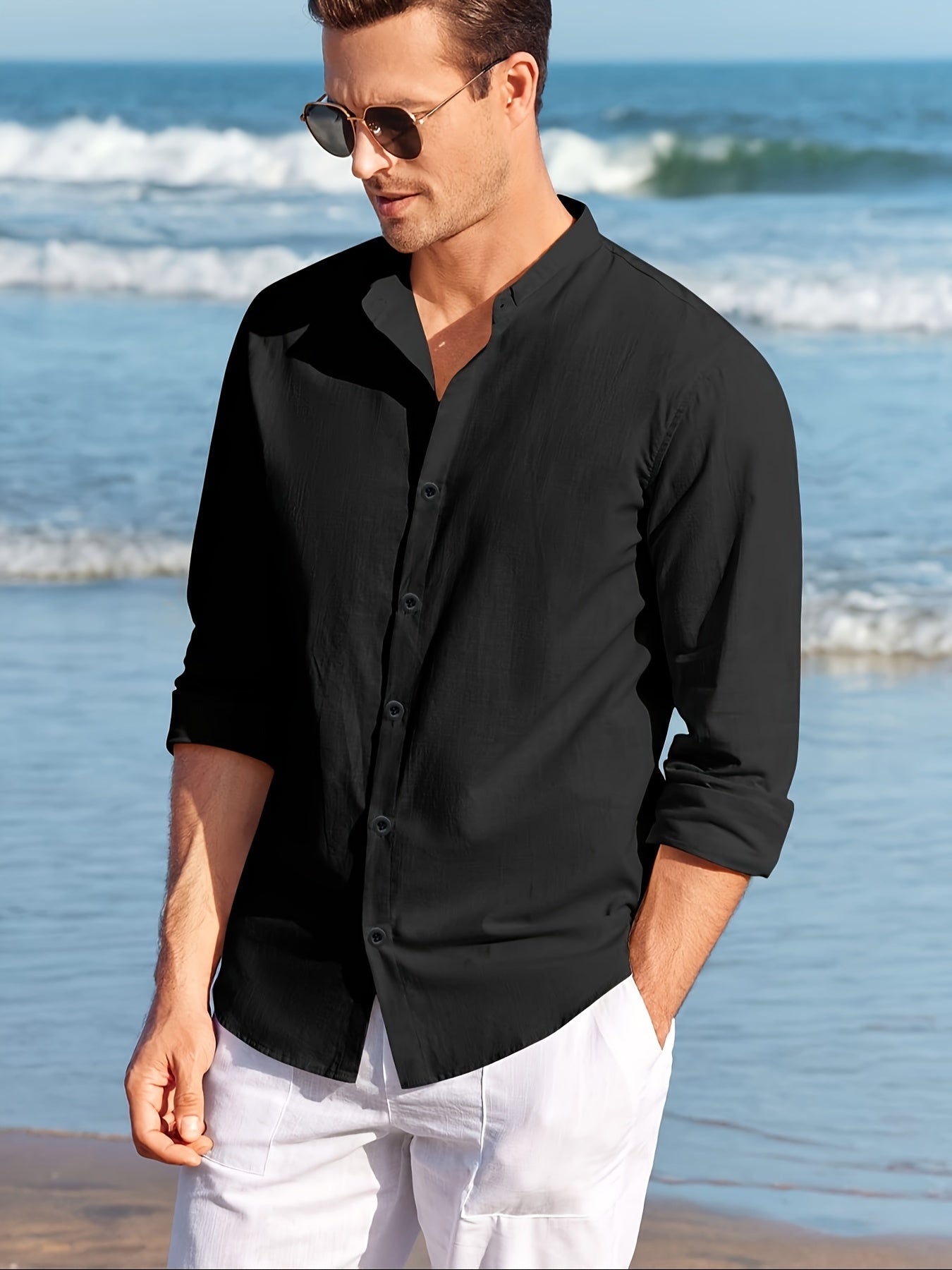 LINEN SHORT COLLAR SHIRT - BLACK