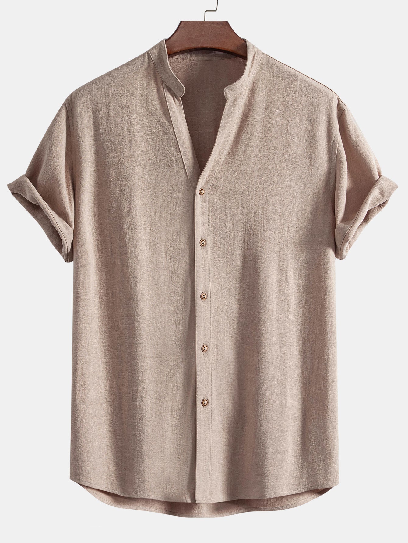 Short Sleeve Linen Rayon Blend Stand Collar Shirt