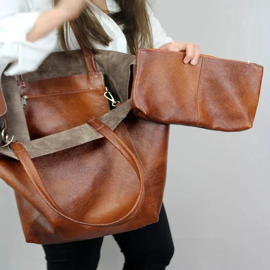 Sophie | Elegant Brown Oversized Leather Bag with Matching Wallet