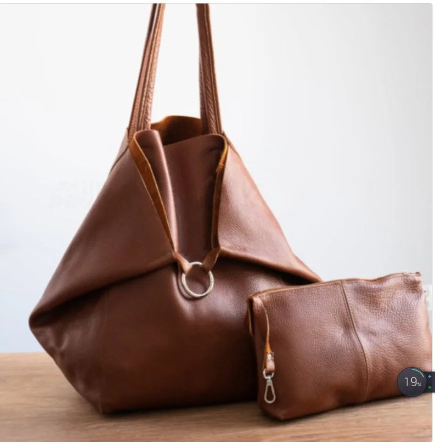 Sophie | Elegant Brown Oversized Leather Bag with Matching Wallet