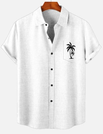 Hawaii Palm Tree Print Linen Look Cotton Button Up Shirt & Swim Shorts