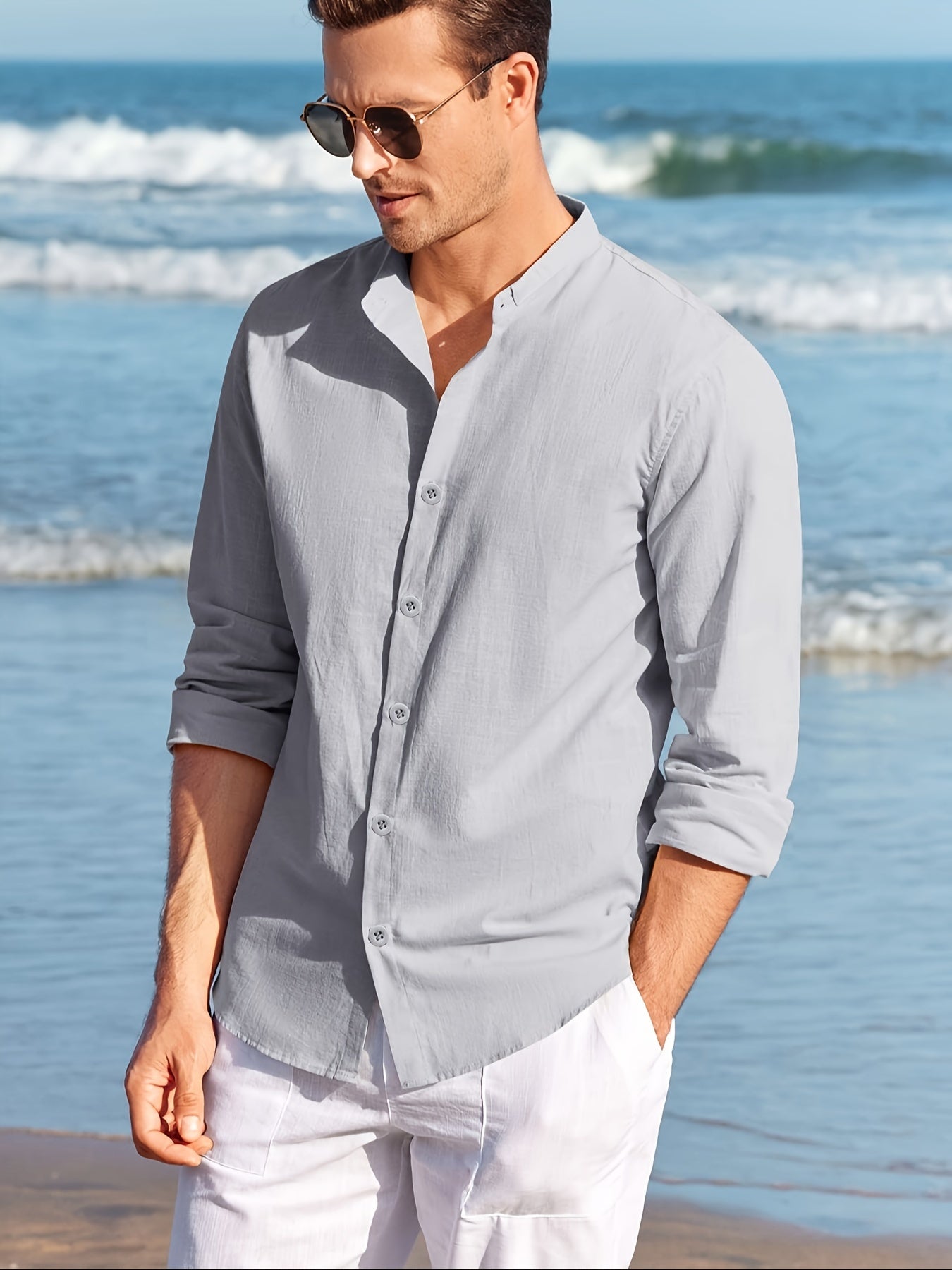 LINEN SHORT COLLAR SHIRT - GREY