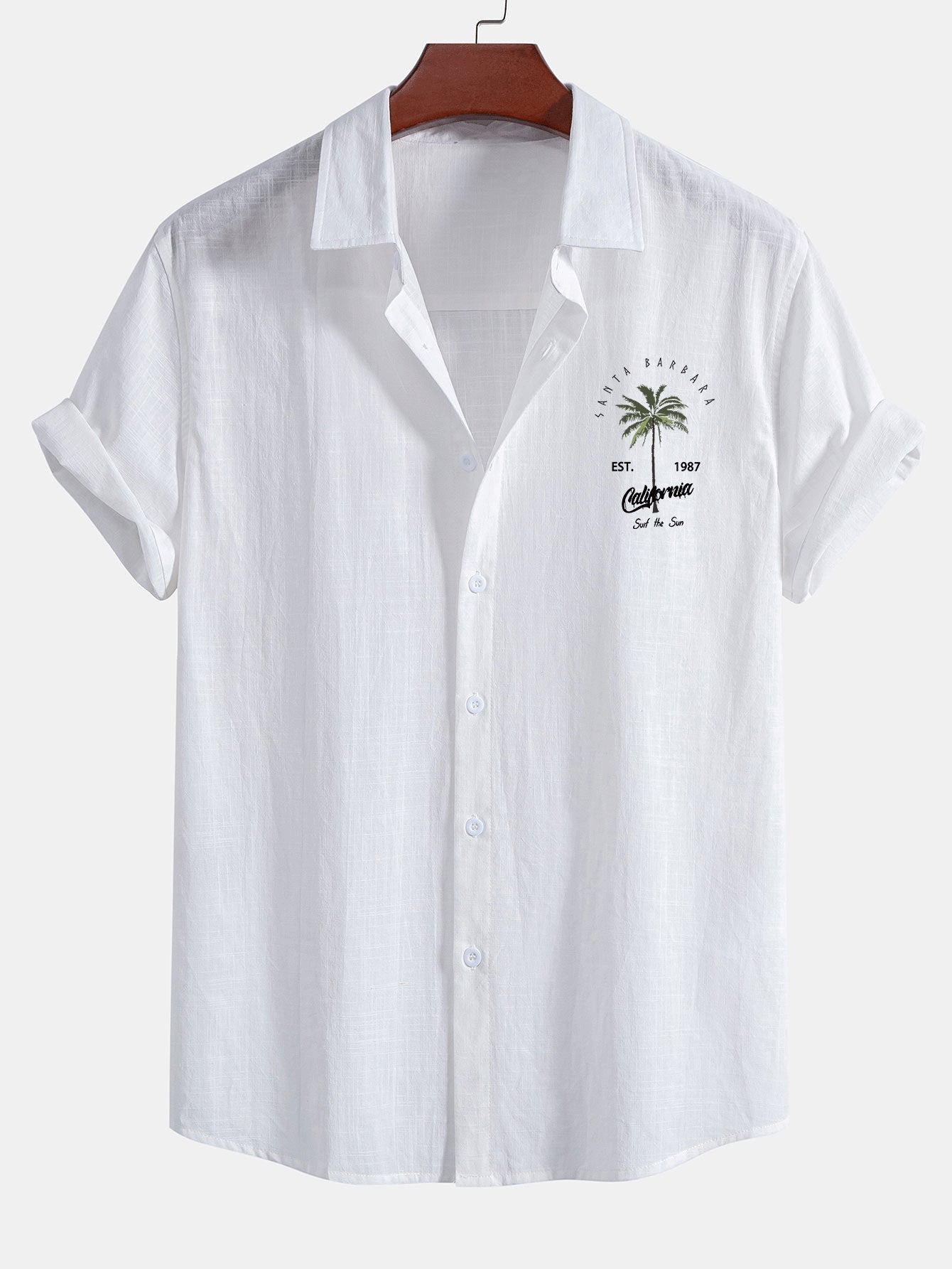 California Palm Tree Print Linen Look Cotton Button Up Shirt