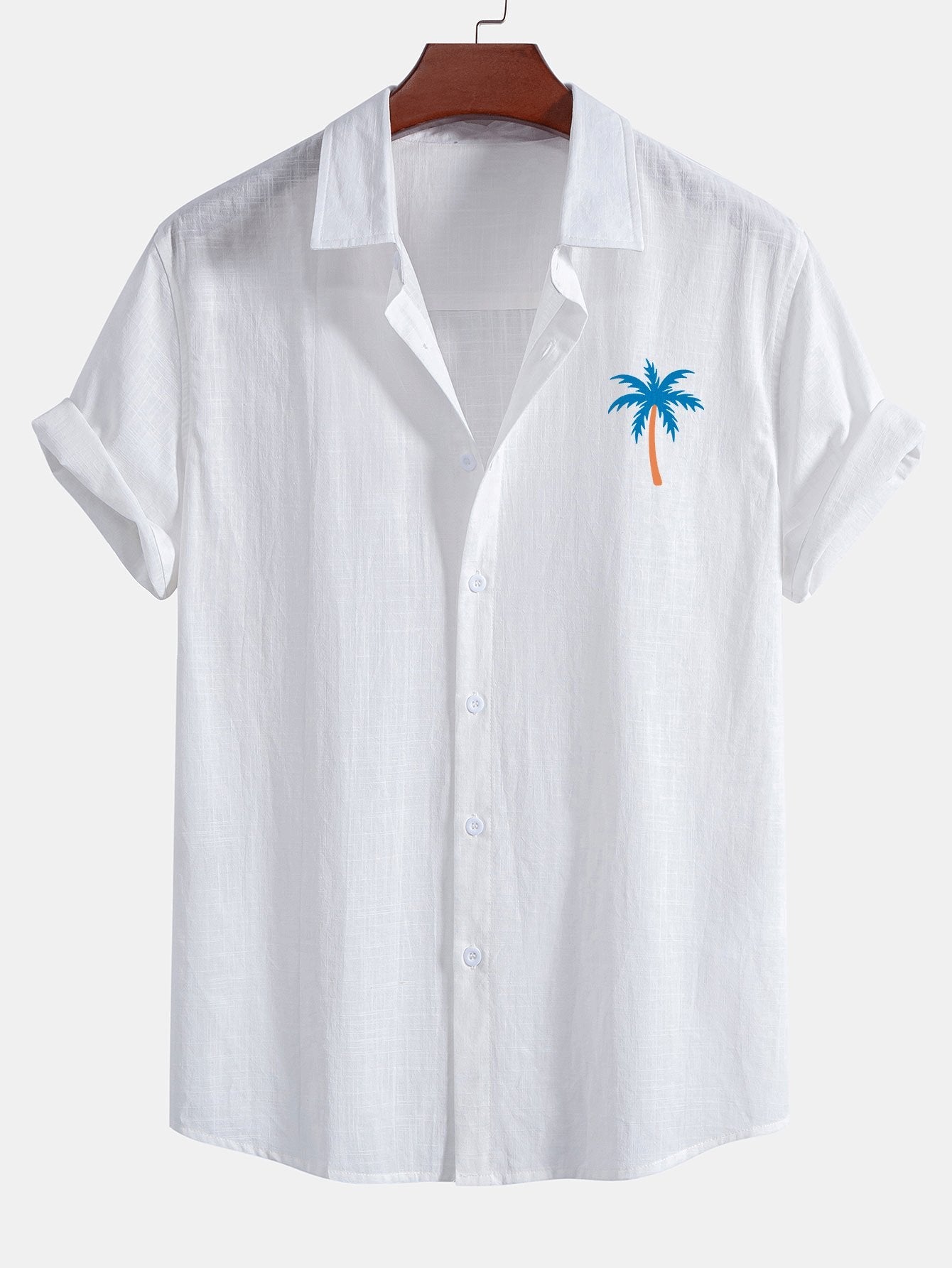 Blue Palm Tree Print Linen Look Cotton Button Up Shirt