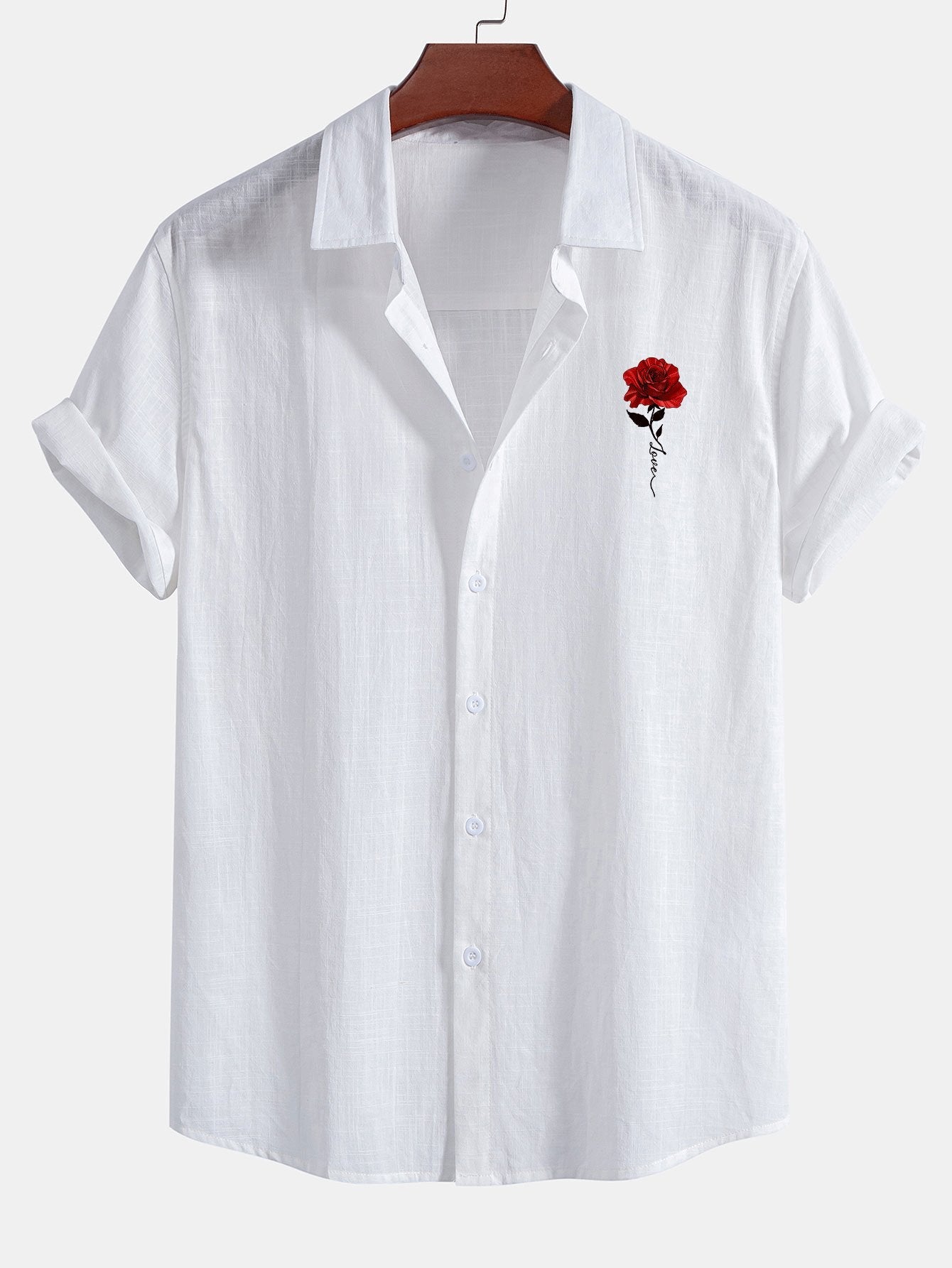 Red Rose Print Linen Look Cotton Button Up Shirt