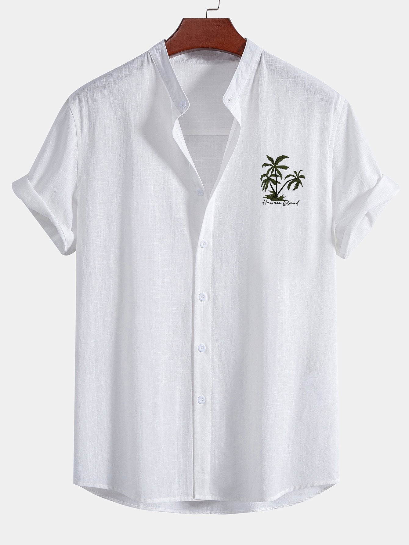 Hawaii Palm Tree Print Linen Look Cotton Stand Collar Shirt