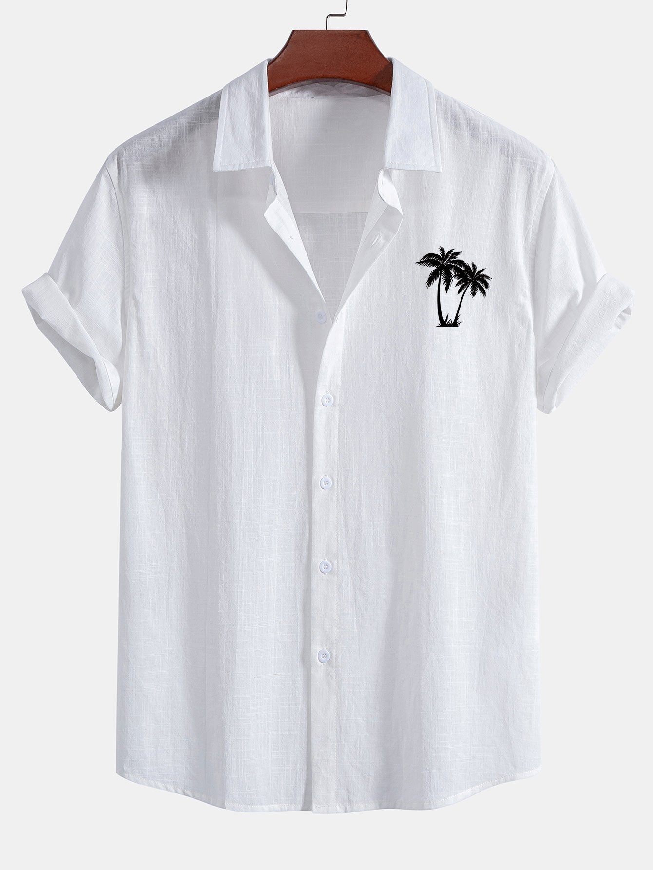 Palm Trees Print Linen Look Cotton Button Up Shirt