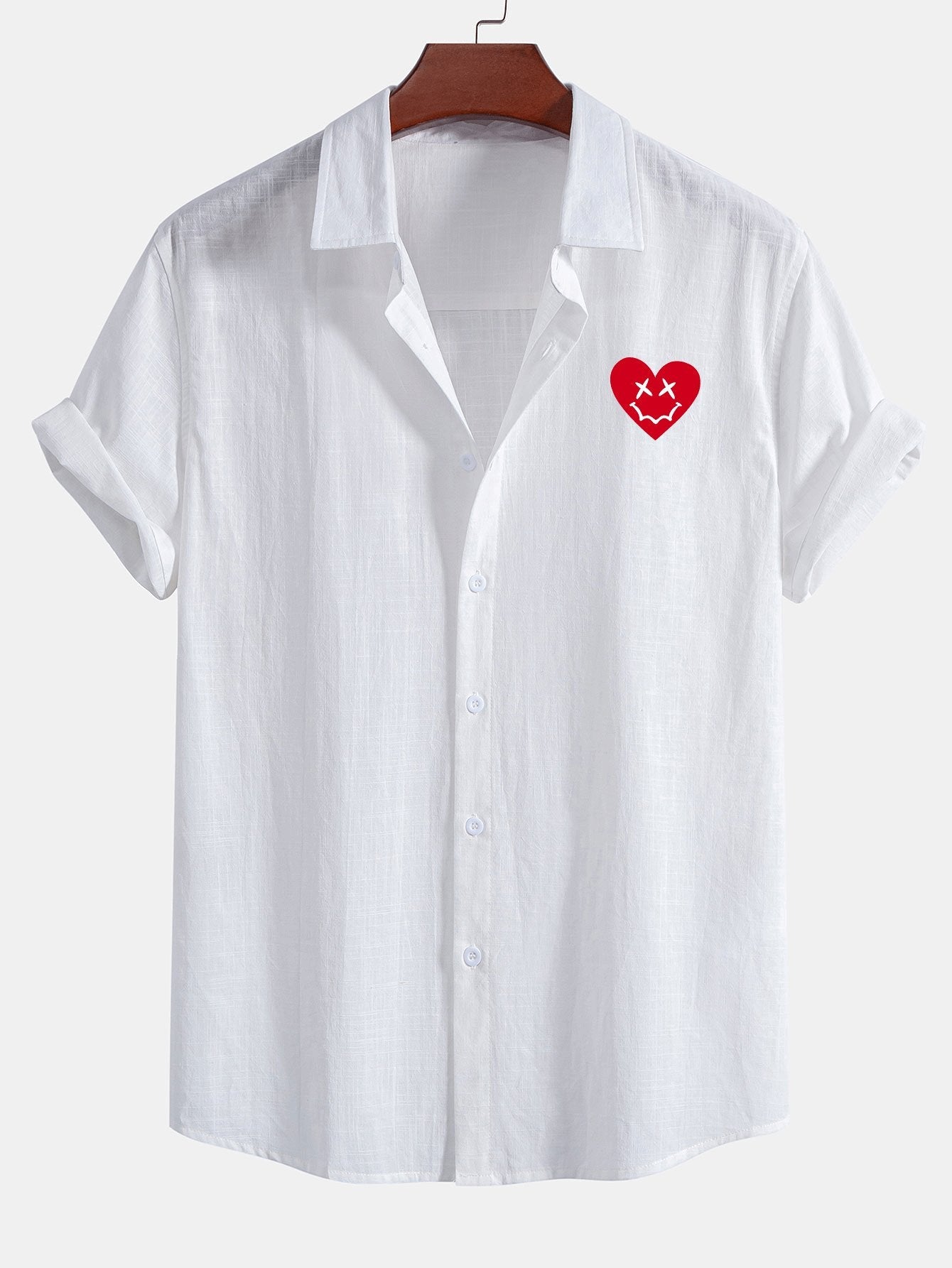 Heart Smiley Face Print Linen Look Cotton Button Up Shirt