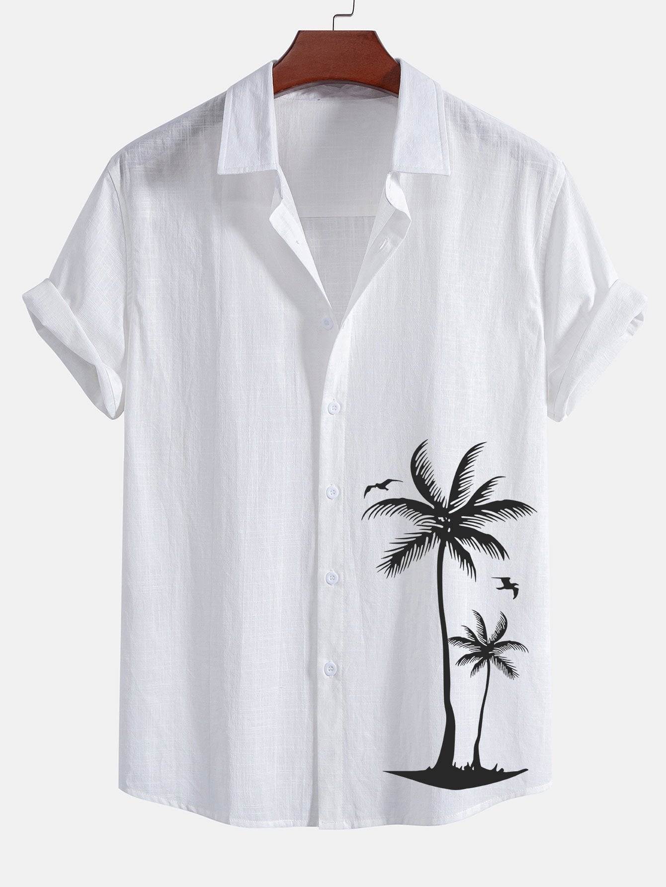 Palm Tree Print Linen Look Cotton Button Up Shirt