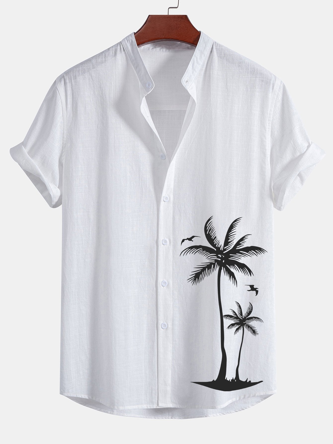 Palm Tree Print Linen Look Cotton Stand Collar Shirt