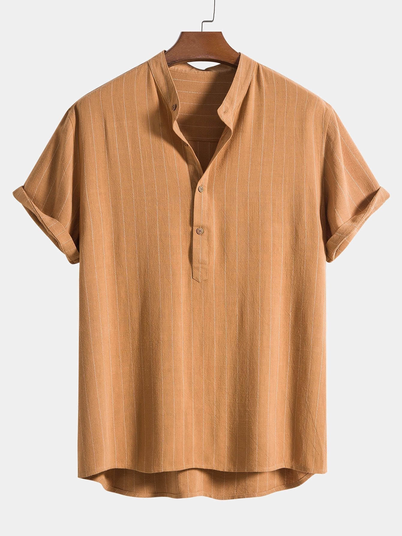 Linen Blend Striped Half Open Placket Henley Collar Shirt