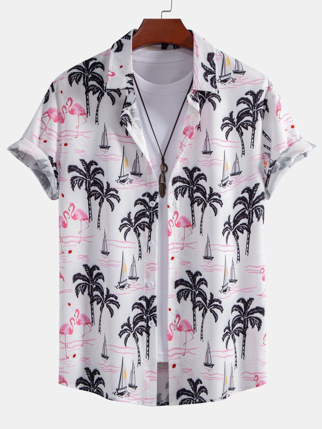 Palm Tree Flamingo Print Button Up Shirt & Swim Shorts