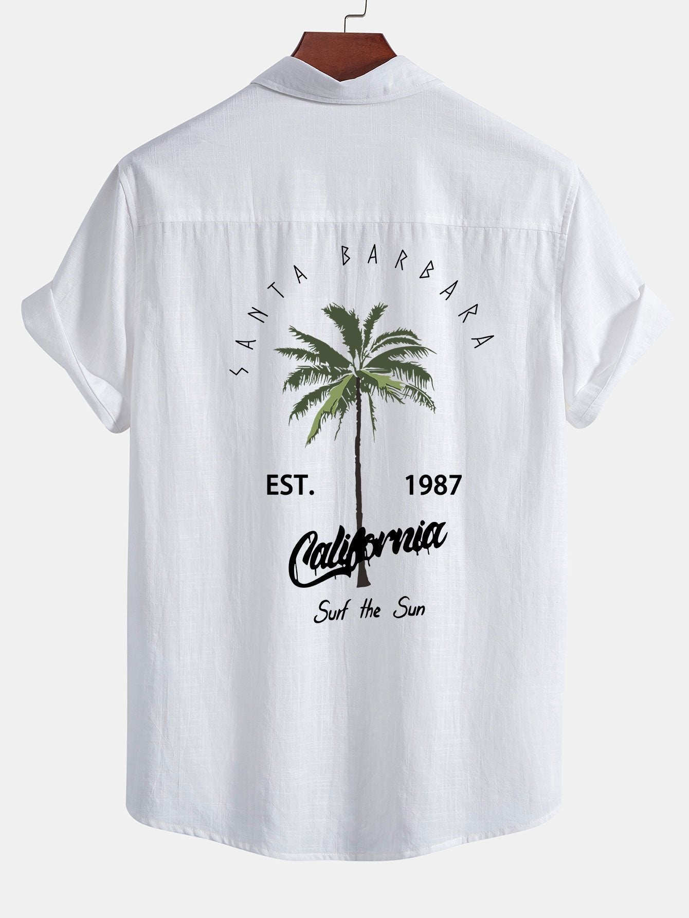 California Palm Tree Print Linen Look Cotton Button Up Shirt