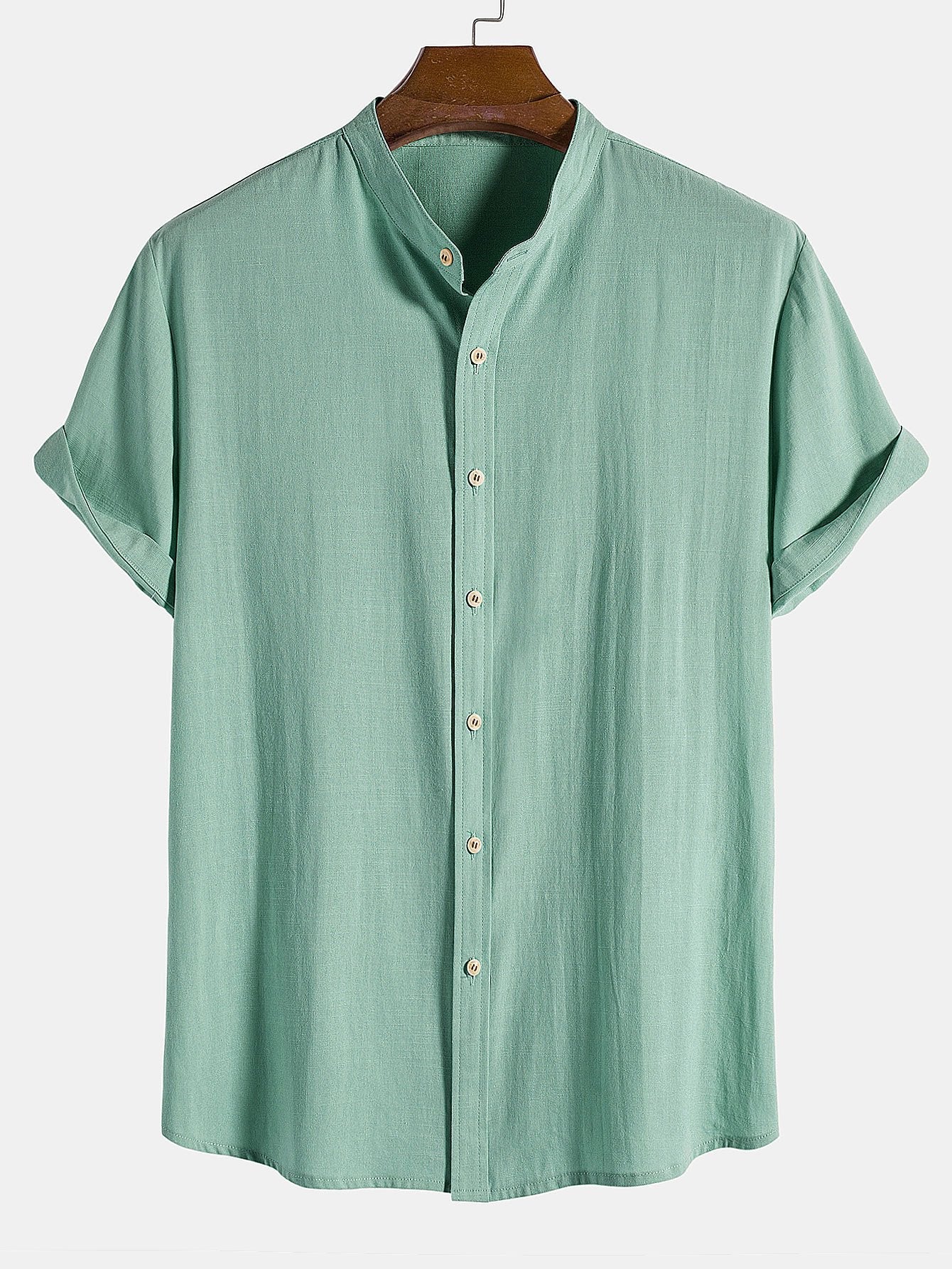 Linen Look Cotton Blend Stand Collar Shirt