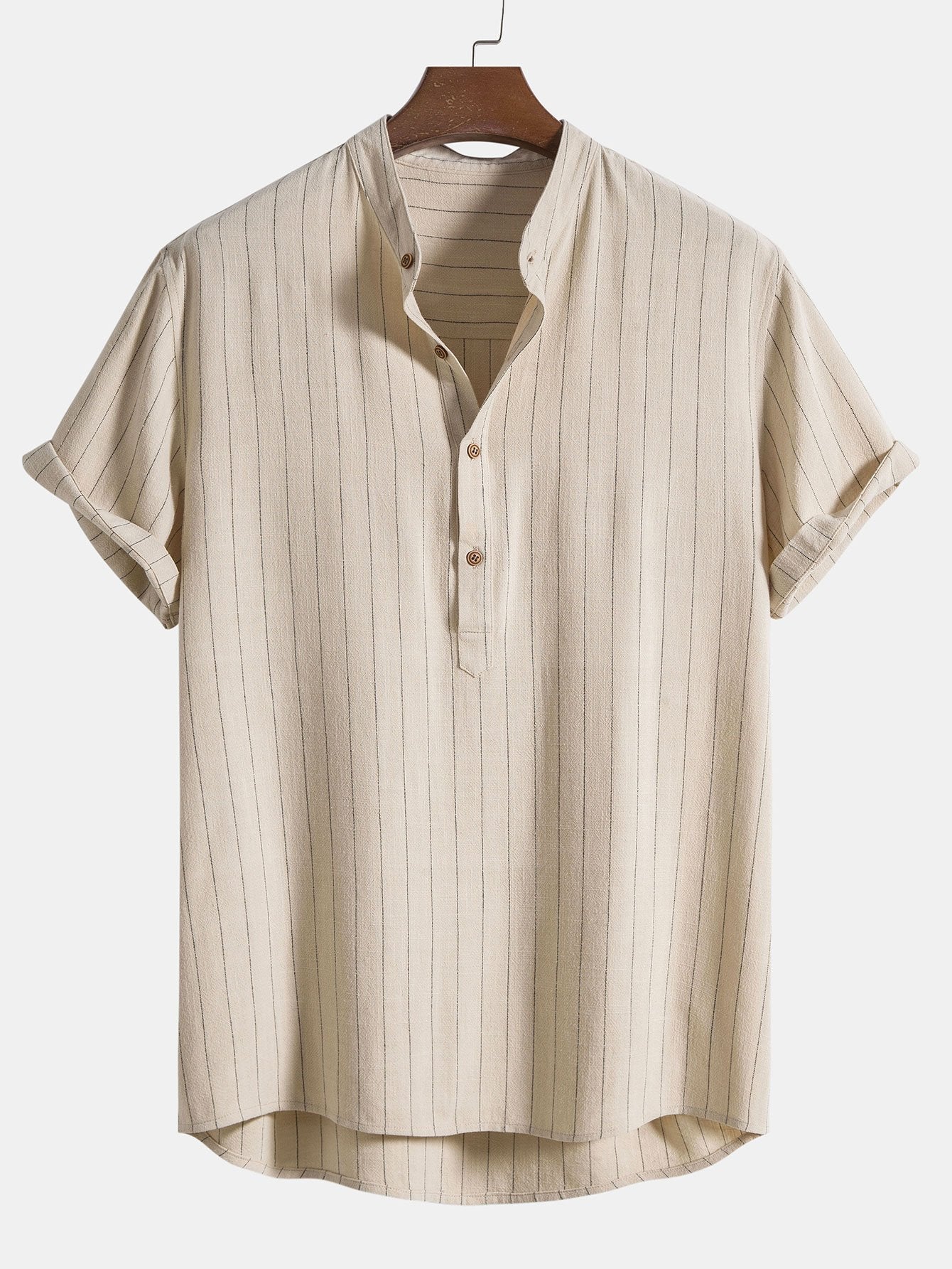 Linen Blend Striped Henley Collar Shirt & Linen Cotton Blend 11" Shorts